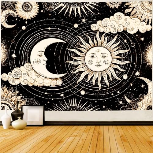 Delur Sun and Moon Tapestry Black Dark Boho Spiritual Burning Sun Tapestry Wall Hanging Mystic Aesthetic Cloud Abstract Star Psychedelic Headboard for Bedroom Living Room Home Decor (70.8" x 92.5") - color: Dark Sun and Moon, size: 70.8"L x 92.5"W