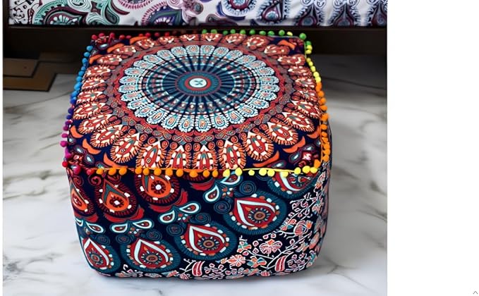 CRAFT KALA Indian Square Patchwork Traditional Pouf Cover Indian Living Room Poufs Cover Decorative Designer Ottoman Home Living Footstool Pom Ottoman Cover Decor 20X20X14 inches, Multi-Color Mirchi