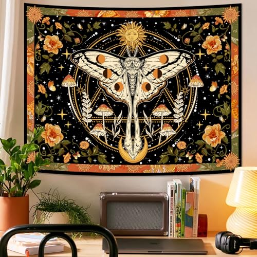 Aipon Orange Moth Tapestry Boho Retro Floral Flowers Tapestries Aesthetic Vintage Mushroom Tapestries for Bedroom Indie Sun Moon Tapestry Wall Hanging for Living Room Dorm (90'' × 68'') - color: Orange1, size: 90"L x 68"W