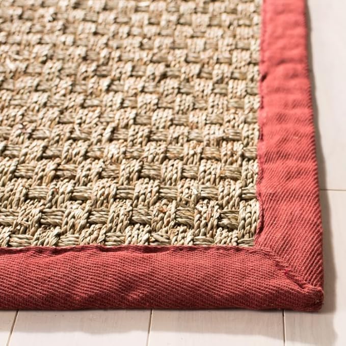 SAFAVIEH Area Rug 3x5 - Natural Fiber Collection - Natural & Red, Seagrass, Basketweave Pattern with Border (NF114D)