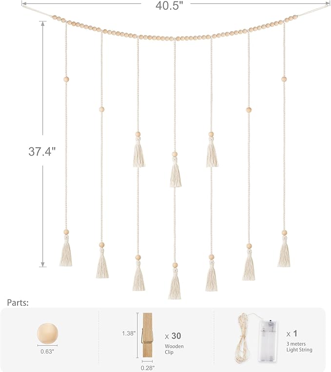 Mkono Macrame Hanging Photo Display Wall Decor with String Lights Boho Room Bedroom Wooden Beads Garland Picture Greeting Cards Holder with 45 Clips