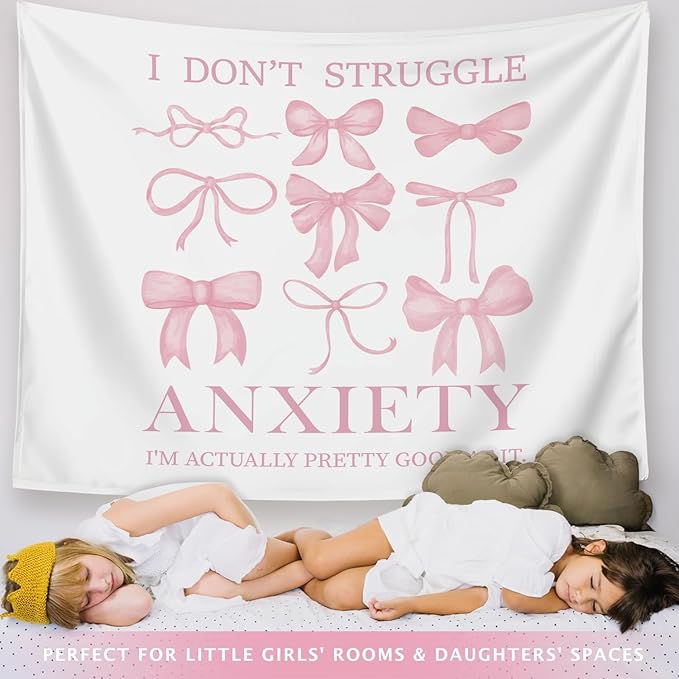 LIANGW Coquette Mental Health Pink Bow Tapestry Wall Hanging, Coquette Preppy Room Decor, Pink Girly Aesthetic Wall Blanket Decor for Girls Room Dorm Apartment, 50x60 Inch
