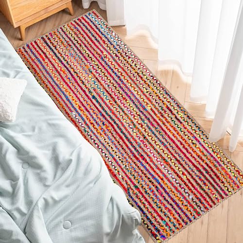 Hausattire Bohemian Braided Runner Rug 2'x6' - Multi Color, Long Farmhouse Jute Cotton Area Rag Rugs for Hallway, Kids Bedroom, Kitchen | Colorful Hand Woven Reversible Floor Carpet - 24x72 Inch - color: Multi Color, size: 2' x 6' (Runner)