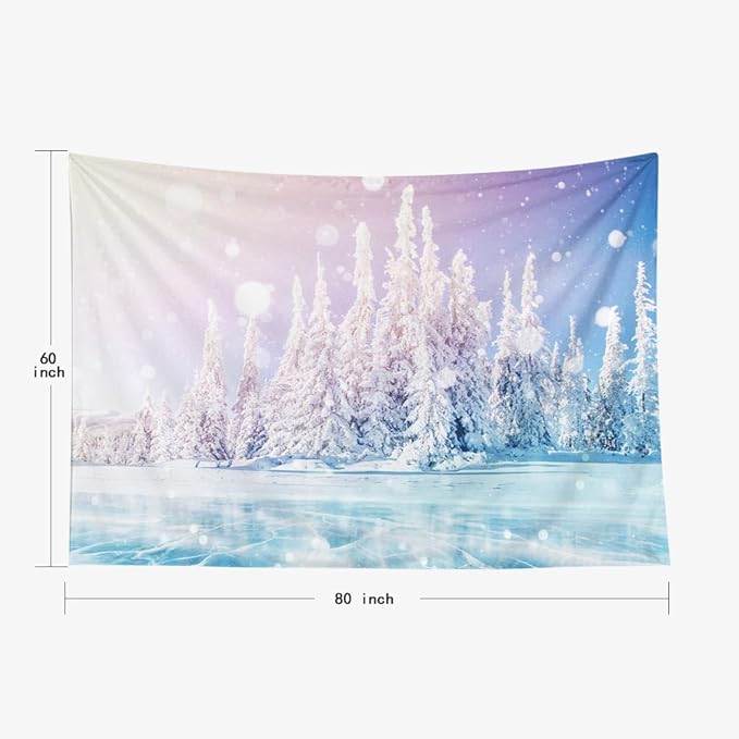 EMMTEEY Winter Forest Tapestry - Mysterious Landscape Blue Ice Lake Frozen Magical Snow Tree Wall Hanging 80X60 for Men