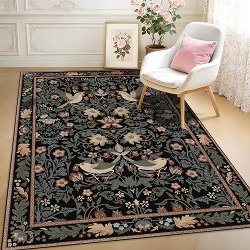 5'x7' Area Rugs Washable,Boho Rug for Living Room Bedroom,Large Farmhouse Botanical Bohemian Distressed Oriental Carpet Non Slip,Black Floral Bird - color: Black Floral Bird, size: 5'x7'