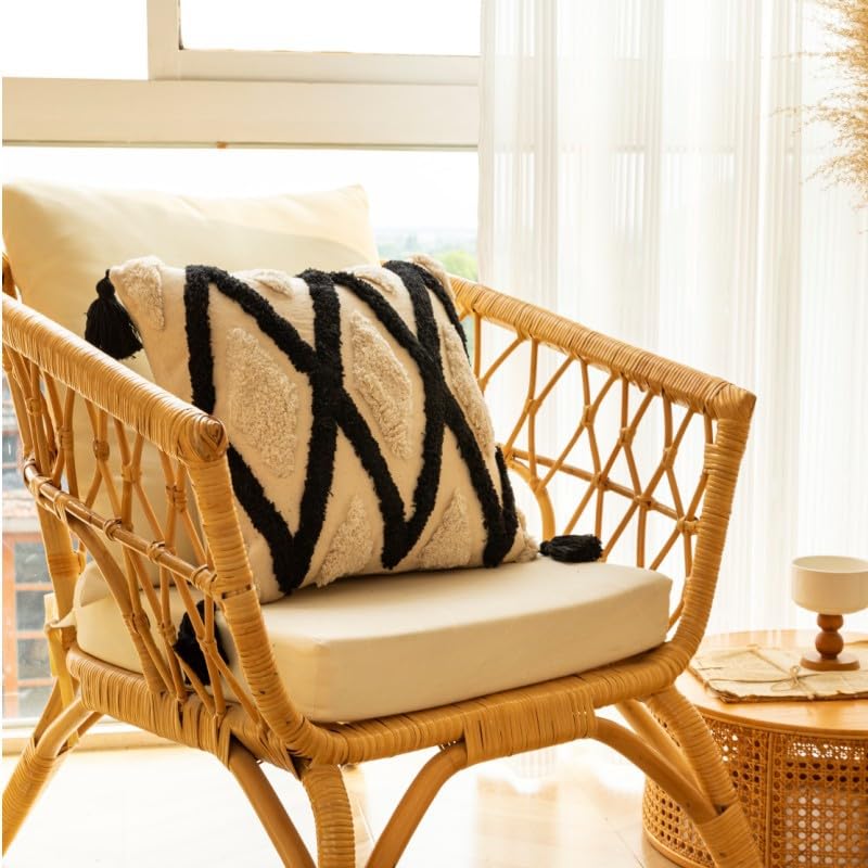 Boho Tufted Decorative Throw Pillow Cover, Cozy Bohemian Cotton Canvas Cushion Cover Tassels Pillow Case Home Decor 18 * 18inch,03