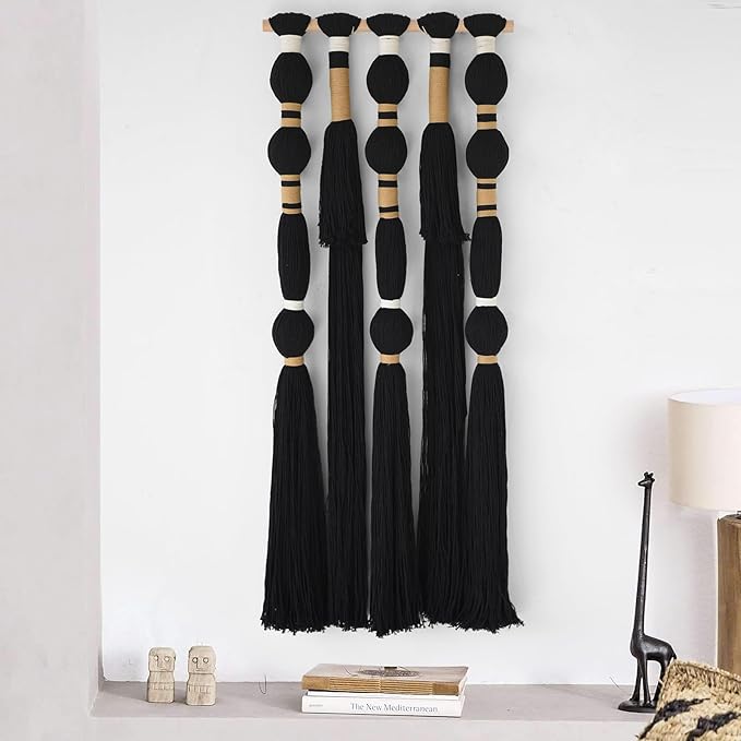 Flber Macrame Wall Hanging Black Sphericity Cotton Tassels Textile Hanging Geometric Yarn Wall Art for Bedroom Living Room Decor 15.7" W x 39" L