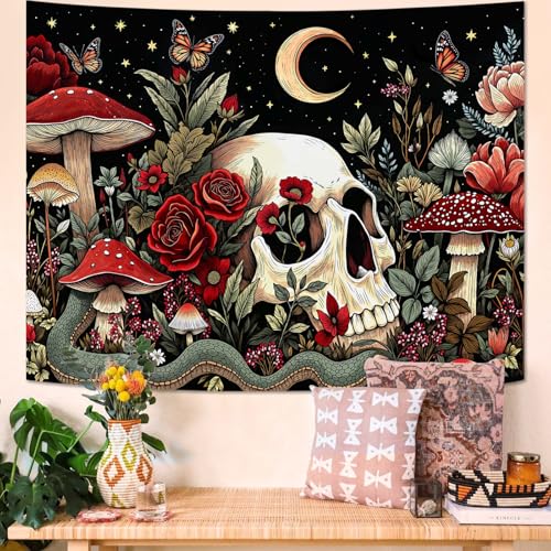 Haibimen Mushroom Skull Tapestry Wall Hanging Gothic Skeleton Floral Snake Moon Stars Tapestries for Bedroom Aesthetic Wallpaper Decor for Living Room, Dorm (Black 2, 48''×36'') - color: Black 2, size: 48''×36''
