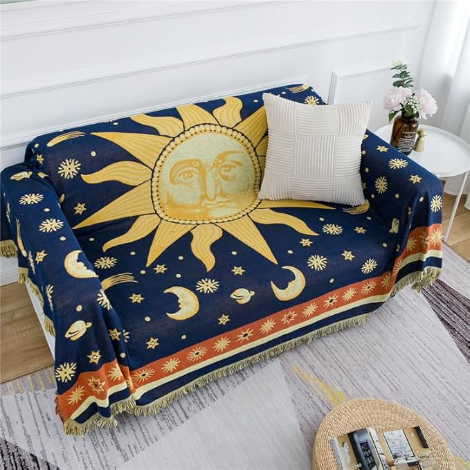 Hippie Throw Blanket Sun Moon Stars Boho Throw Blankets Celestial Tapestry Double-Sided Reversible Woven Cotton Home Decor Bedding Chair Couch Recliner Cover Oversized Tassels Astrology 70"x90"
