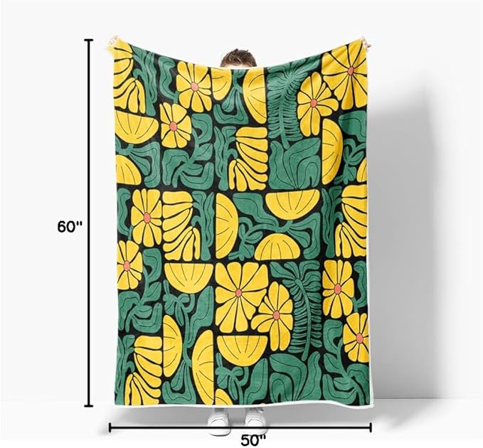 Boho Abstract Colorful Floral Throw Blanket, Vintage Retro Patchwork Yellow Green Flower Botanical Geometric Aesthetic Groovy Flannel Throw Blanket for Chair Bed Sofa Couch, 50X60IN
