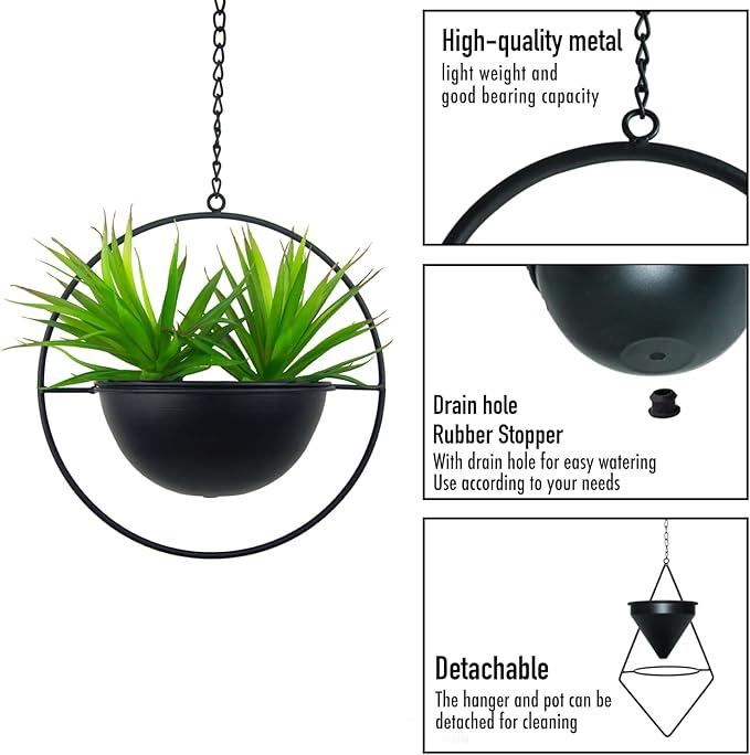 Metal Hanging Planters Set of 2 Modern Indoor Plant Hanger with Round and Diamond Pots, Geometric Small Wall and Ceiling Hanging Plant Holders for Succulents and Herbs, Black Finish