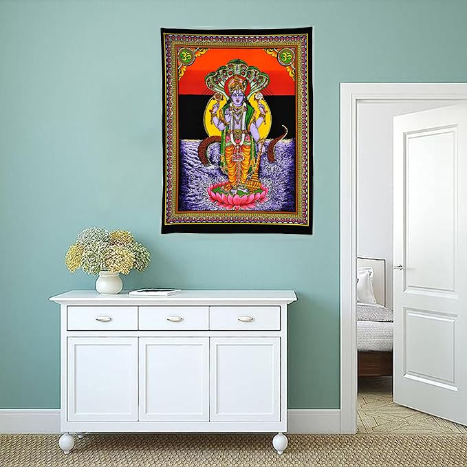 Rastogi Handicrafts Cotton cloth Tapestry 40" X 30" Poster Size wall hanging, Table cover (VISHNU-G) - color: VISHNU-G