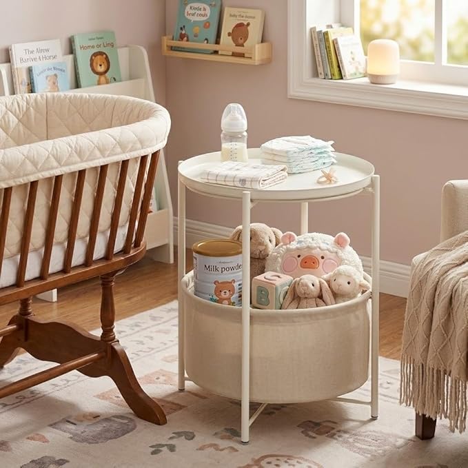 danpinera Round Side Table with Fabric Storage Basket, Metal Side Table Small Bedside Nightstand with Removable Tray Top for Living Room, Bedroom, Nursery, Laundry, White