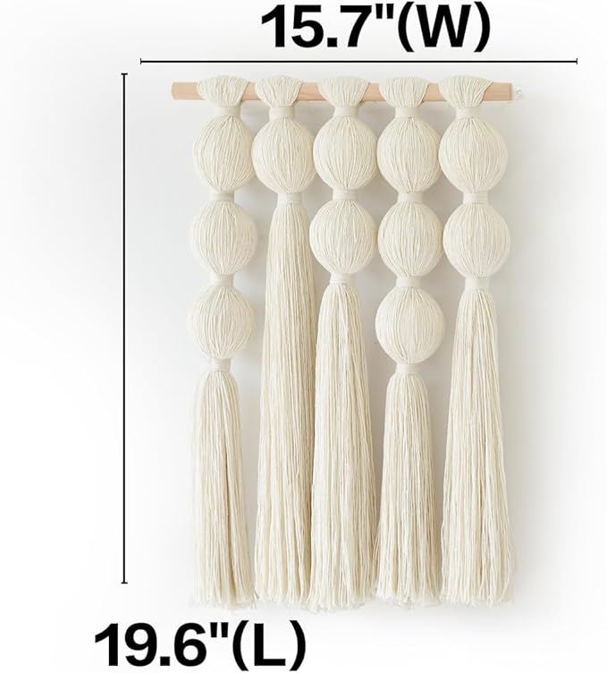 Macrame Wall Hanging Boho Wall Decor with Cotton Ball Tassels Handmade Fiber Wall Art for Living Room Bedroom