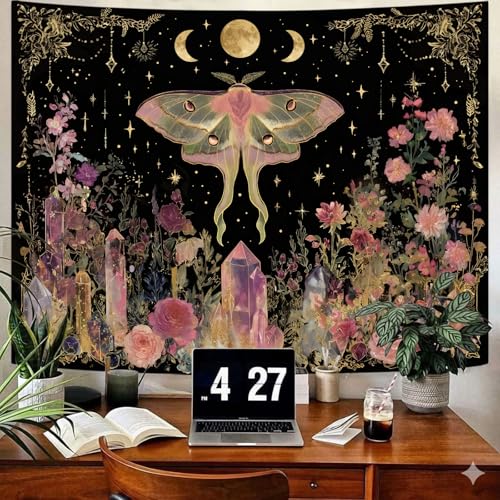 Gruaoihy Boho Moon Butterfly Floral Tapestry, Aesthetic Witchy Moon Phase Luna Moth Wall Hanging for Bedroom Living Room Decor, Black Pink 36x48 inches - color: Luna Moth, size: 48"L x 36"W