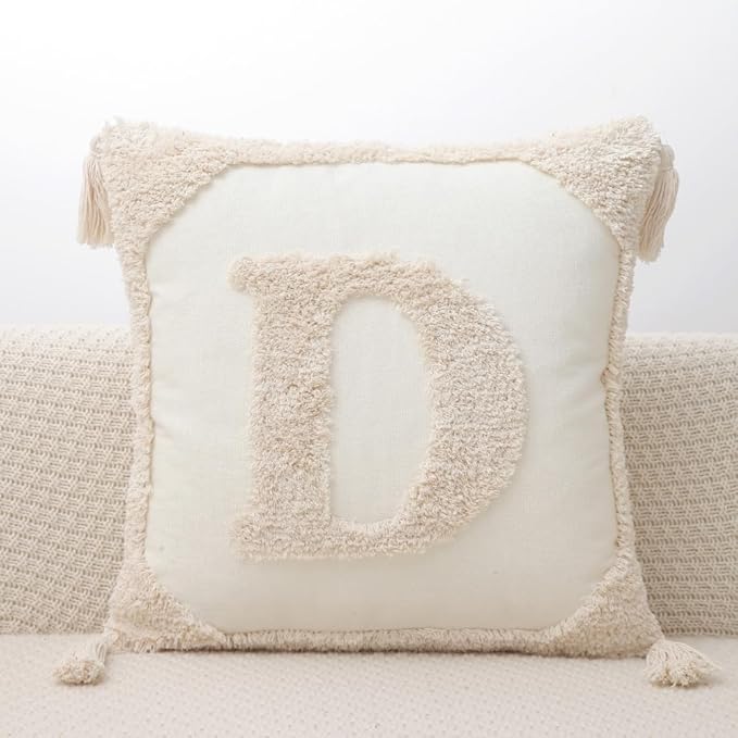 Monogram Pillow Covers with Tassels 18”x18” Modern Cotton Canvas Tufted Alphabet D Throw Pillow Covers for Sofa Couch Bed 26 English Letters Decorative Pillow Case for Sofa Throw Pillows