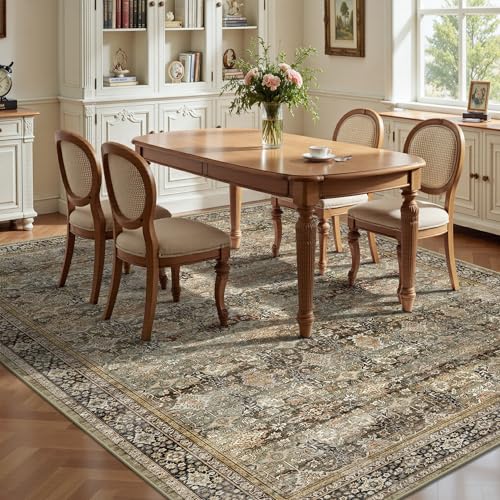 8x10 Area Rugs for Living Room - Washable Vintage Retro Large Rug, Soft Ultra Thin Non Slip Low Pile Traditional Distressed Boho Carpet for Bedroom Dining Room Home Office, Charcoal Olive - color: B-charcoal / Olive, size: 8x10