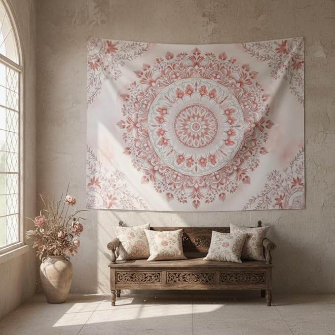 Accnicc Pink Floral Mandala Tapestry Wall Hanging Boho Medallion Tapestry Aesthetic Watercolor Flower Cute Large Tapestries for Bedroom Living Room Dorm Decor 80 x 60 Inch