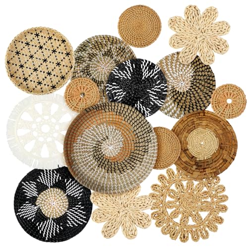 Xuhal 15 Pcs Boho Wall Basket Decor Handcrafted Seagrass Woven Wall Basket Rustic Round Woven Hanging Art for Home Farmhouse Kitchen Table Living Room(Stylish Style) - style: Stylish Style