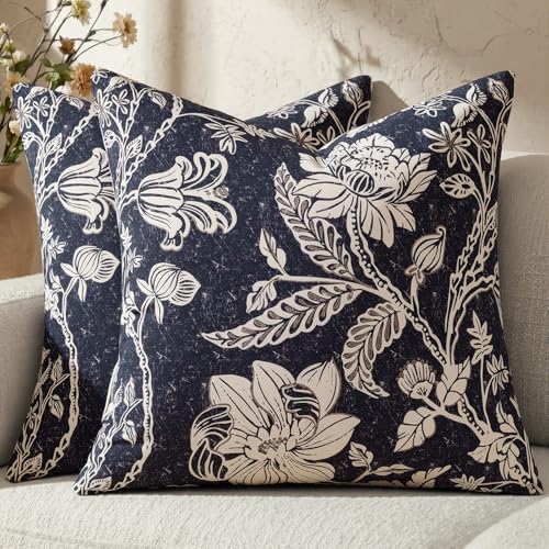 Navy Blue 18x18 Floral Pillow Covers：Vintage Decorative Pillow Boho Patterned Covers Neutral Modern Farmhouse Square Cushions Cotton Accent Covers - Sofa Bed Living Room couch Pillowcases Set of 2 - color: Bf-navy Blue, size: 18" x 18" (Pack of 2)