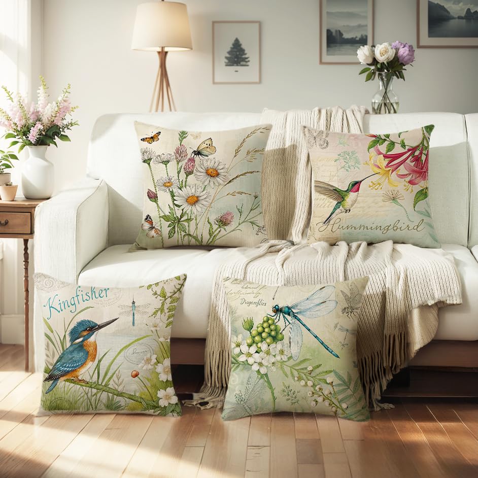 wyooxoo Throw Pillow Covers 18x18 Set of 4 Spring Summer Pillow Covers Flower Bird Farmhouse Outdoor Decorative Cushion Case for Sofa Couch Living Room - color: Color H, size: 18" x 18" (Pack of 4)