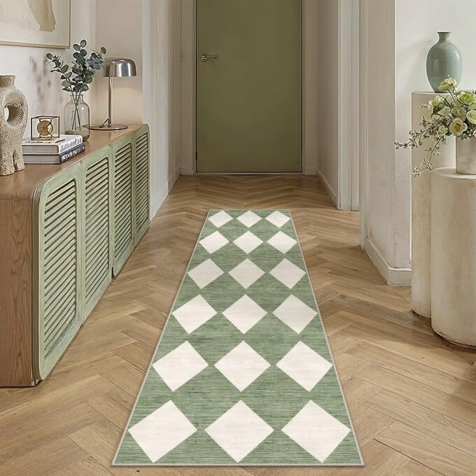PureCozy Checkered 2x6 Runner Rug for Hallways Green and White Washable Long Carpet Non-Slip Low Pile Modern Soft Indoor Accent Throw Rugs for Entrance Kitchen Bedroom Dining Laundry - color: Checkered Green, size: 2' x 6' (Runner)