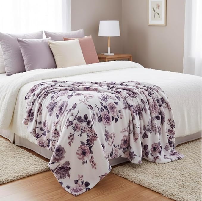 Decorative Floral Fleece Throw Blanket: Velvety Soft Plush Rose Flower Accent for Couch or Bed, Blush Pink Purple Navy Blue Grey on White, Oversized 50" x 70" Inches