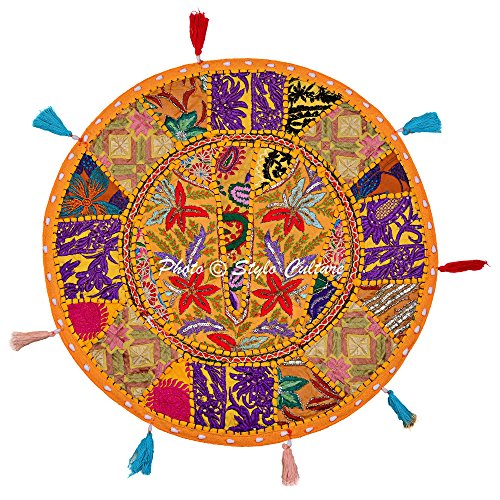 Indian Floor Pillow Cover Vintage Patchwork Bohemian Seating Mango Yellow Round Throw Pillow 18 Small Decorative Decor Seating Tuffet Seat Pouf Cover Footstool Cotton Embroidered 1 Pc - color: Mango Yellow