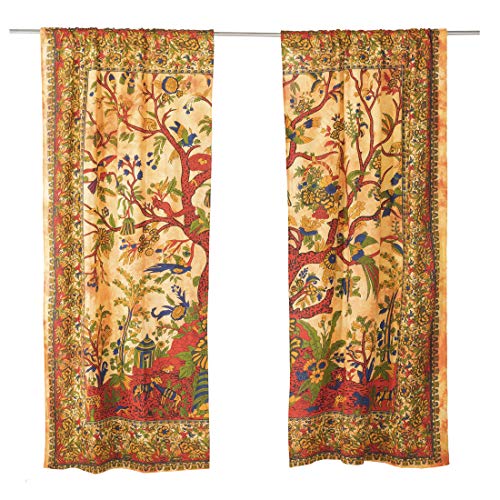 Popular Handicrafts Indian Hippie Bohemian Beautiful Tree of Life Tie Dye Mandala Curtain Panels Green - color: Yellow, size: 38"W x 83"L (Pack of 2)
