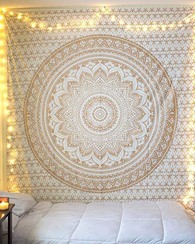 ANJANIYA Ombre Wall Hanging Bohemian Tapestry, Metallic Wall Art Bedspread, Psychedelic Hippie Mandala Dorm Décor for Hanging, Bedding, Beach Coverlet Curtain, Gold 85"X90" - color: Gold, size: 90"L x 85"W