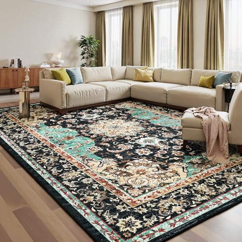 Amearea Vintage Design Black Area Rugs for Living Room, 4x6 Machine Washable Floral Collection Traditional Bedroom Rug, Low Pile Kids Room Carpet, No Slip Office Kitchen Home Decor, Black and Green - color: Black/Green, size: 4' X 6' (Rectangular)