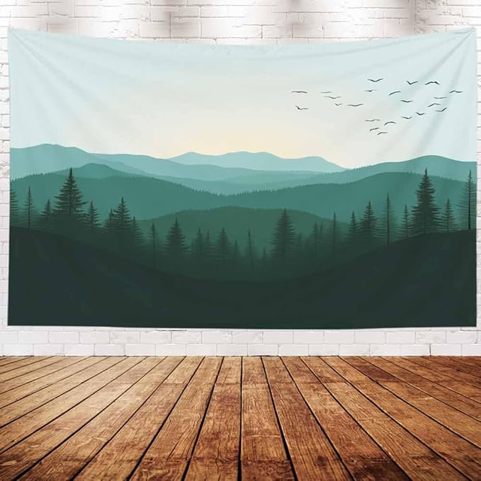EMMTEEY Nature Tapestry Green Mountains Forest 60X50 Inch Ceiling Tapestry Wall Art Hanging Tapetries for Bedroom Living Room Dorm Décor