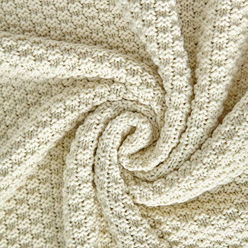 Longhui bedding 100% Cotton Knitted Throw Blanket – Cream, Soft & Cozy, Machine Washable, 51"x63" – Perfect for Living Room, Couch, Sofa, Bed or Travel - color: Cream, size: 51" x 63", Standard