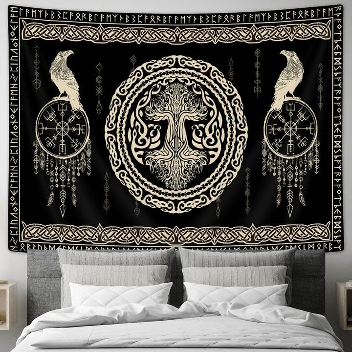 Hajmsug Vikings Tapestry,Black and White Tree Bird of Wisdom Celtic Rune Ancient Rune Totem Norse Mythology Medieval Viking Wall Art,Aesthetic Mythology Tapestry for Bedroom Living Room,40X30 Inch. - color: Black, size: 30"L x 40"W