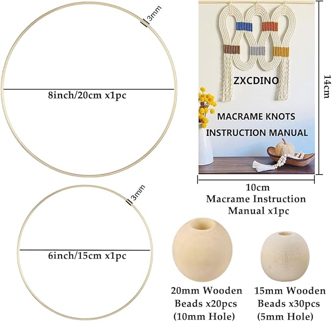 119pcs Macrame Kits for Starter 3mm x 109Yards Natural Cotton Macrame Cord with 100pcs Wooden Beads,10pcs Wooden Rings,Wooden Sticks,Metal Rings,S Hooks Macrame Supplies for Plant Hangers