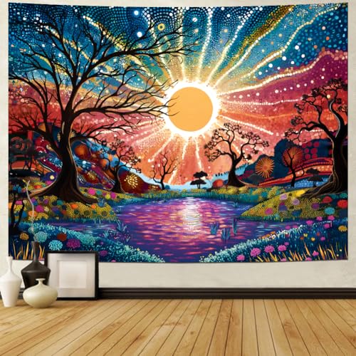 Serborlur Tree of Life Tapestry Trippy Sun Forest Tapestries Colorful Starry Sky Tapestries Hippie Nature Landscape Tapestry Wall Hanging for Living Room Bedroom (39.4" x 52.4") - size: W52.4"×H39.4"