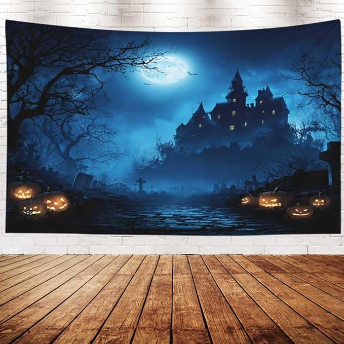 EMMTEEY Halloween Tapestry Night Forest Pumpkins Horror Castle Ceiling Tapestry 60X50 Horizontal Wall Art for Bedroom Living Room Fall Backdrop
