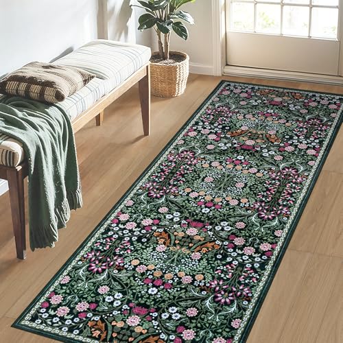 Runner Rug for Entryway: 2x6 Kitchen Rugs Non Slip Washable Ultra-Thin Soft Floral Carpet Indoor Floor Stain Resistant Carpets for Hallway Bedroom Kitchen Laundry Bathroom Dorm Dark Green - color: Dark Green, size: 2' x 6' (Runner)