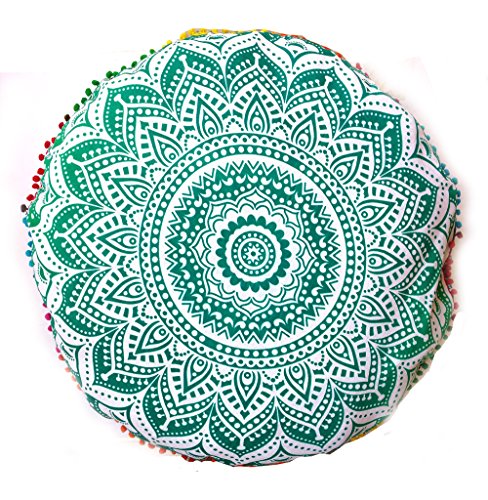 Rastogi Handicrafts 32" COR Mandala Floor Pillow Cushion Seating Throw Cover Bohemian Ottoman Poufs, Pom Pom Pillow Cases,Boho Indian (White) - color: White