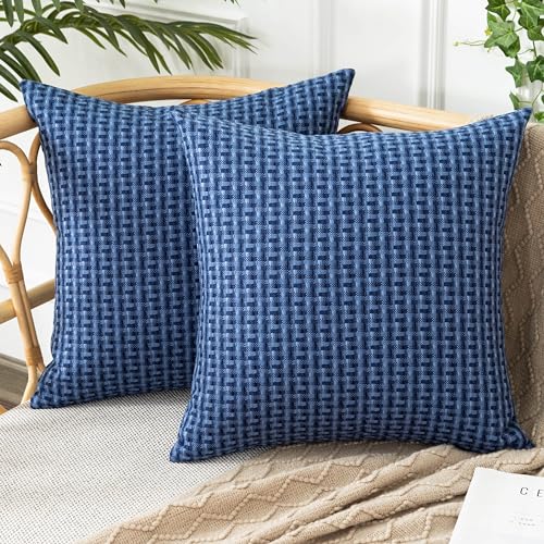 UGASA Outdoor Waterproof Pillow Covers Pack of 2 Weaving Texture Water Resistant Outside Decorative Pillow Cases for Patio Garden Porch Yard Bench Tent 18x18 Inch, Navy Blue - color: Navy Blue, size: 18" x 18" (Pack of 2)