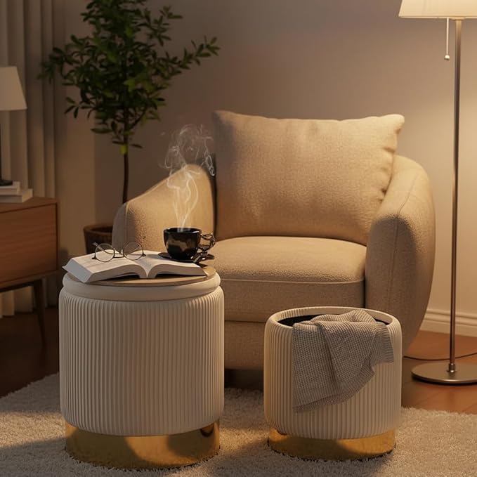 Velvet Round Ottoman Set of 2 with Storage 12 Gallon Capacity - Multi-Functional Stool for Living Room, Footrest, Vanity Seat, Coffee Table, Sturdy 300lb Capacity（Cream White）
