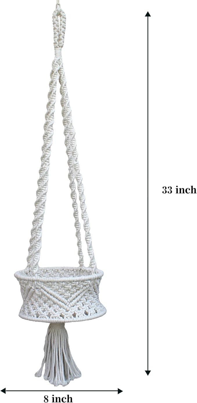 Handmade Macrame Cotton Plant Hanger, from Uttar Pradesh, India | Boho Hanging Planter | Indoor Outdoor Plant Holder | Décor Accent for Home, Balcony, Living Room | 33x8 in (Off White)