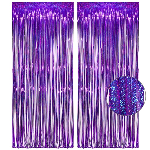 Purple Tinsel Curtain Party Backdrop - GREATRIL Foil Fringe Curtain Party Photo Booth Streamers for Hunters Mermaid Themed Decorations - 1m x 2.5m - Pack of 2 - color: Purple