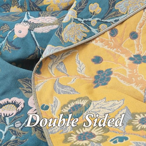 Snycler Boho Throw Blanket for Bed - 100% Cotton Ultra Soft Rustic Quilt Blanket Green Bird Floral Printed Farmhouse Decor Bed Blankets, 60"×80" All Season Rustic Throw for Sofa Couch Chair - color: Green Bird Floral, size: 60"x80"
