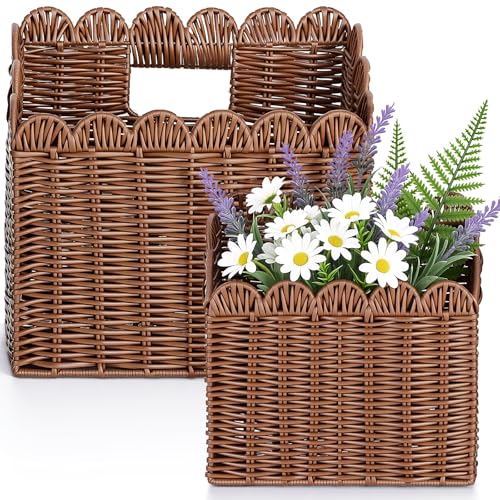 2 Pack Scalloped Wicker Hanging Basket, Woven Hanging Wall Basket for Organizing and Decor,Pe Rattan Wall Mounted Storage Baskets for Farmhouse Home,Door,Entryway,Flower,Mail,Plant