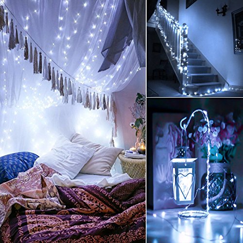 BXROIU 2 x Fairy Lights Battery Operated,Silver Wire Chains 8 Mode 16Ft/5Meter 50 LEDs Timer String Lights with Remote Control for Bedroom Christmas Party Wedding Decoration (Cool White) - color: 2Pack(3AA,not included)Cool White