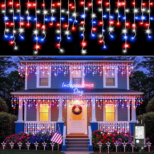 Red White and Blue Icicle Lights for Outside, 4th of July Decorations Independence Day Patriotic Lights, 33ft 400 LED with 75 Drops Clear Wire Connectable for Memorial Day Party Holiday - color: Red White Blue, size: 400LED/33ft