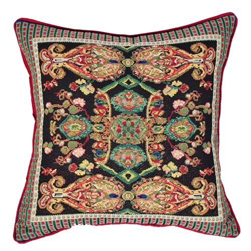 Decorative Woven Jacquard Throw Pillow Covers 18x18 Inches, Luxury Ethnic/Paisley Cushion Cover with Red Piping and TC Fabric Back, Black Multi-Color Square Pillowcase Shell Only - color: Black: Paisley Pattern