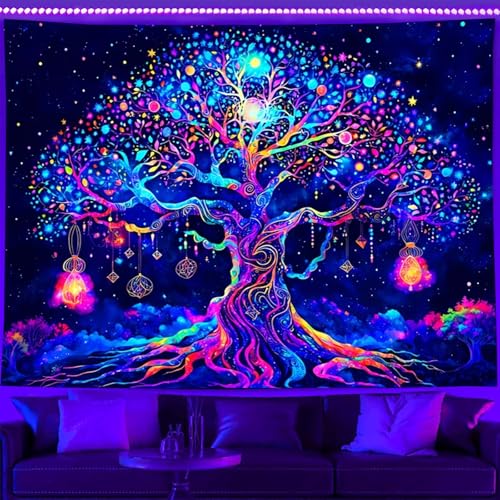 TUGCAY Blacklight Tree of Life Tapestry UV Reactive Tree Tapestries Nature Galaxy Space Tapestry Colorful Starry Sky Wall Hanging Decor for Bedroom (60" X 80") - size: 80"L x 60"W