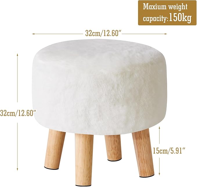 YMYNY Round Pouf Ottoman Small Foot Stool Faux Fur Foot Rest for Couch Modern Boho Footstools with Wood Legs for for Living Room Bedroom Office 12.6" D×12.6" W×12.6" H White UHBD035W